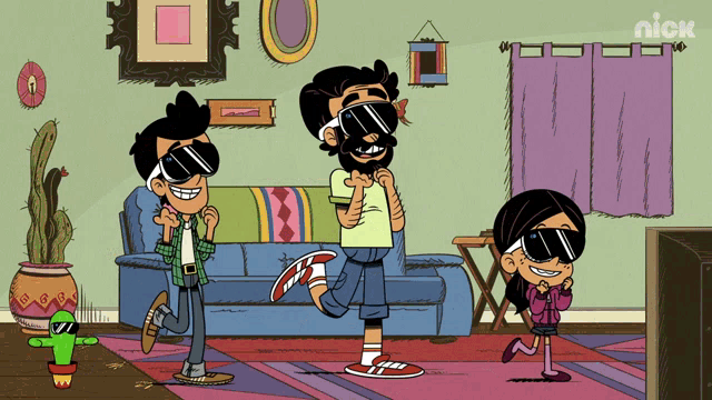 a cartoon of a family wearing virtual reality glasses with the nick logo in the background