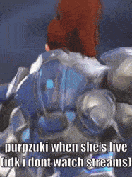 a video game character is standing in front of a dark background and says purpzuki when she 's live