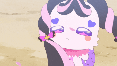 a pink and purple cartoon character with a butterfly on her ear