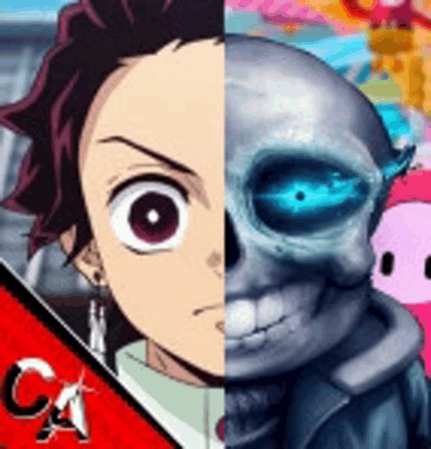 a picture of a cartoon character and a picture of a skeleton with blue eyes .