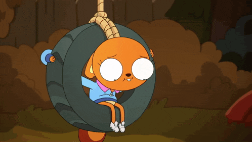 a cartoon character is sitting on a tire swing while another character looks on