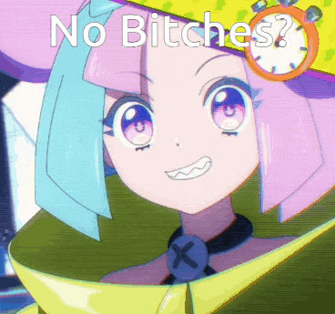 a cartoon girl with a clock on her hat and the words no bitches