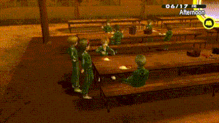 a group of people are sitting around a table in a video game called persona 4 .