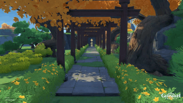 a video game called genshin impact shows a path surrounded by trees and yellow flowers