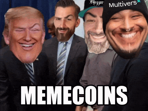 a group of men are posing for a picture with memecoins written on the bottom