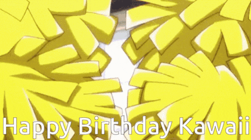 two anime girls wearing yellow cheerleader uniforms are cheering and saying happy birthday kawaii