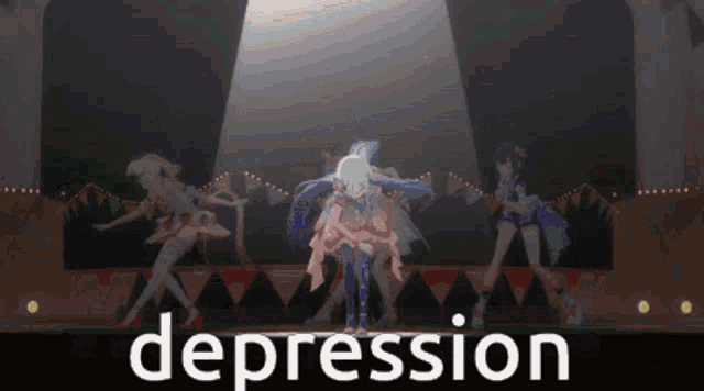 a group of anime girls dancing on a stage with the word depression in the corner