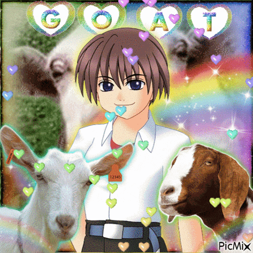 a picture of a boy surrounded by goats with the word goat written in hearts
