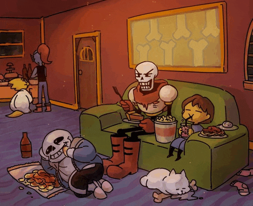a group of cartoon characters are sitting on a couch and eating food
