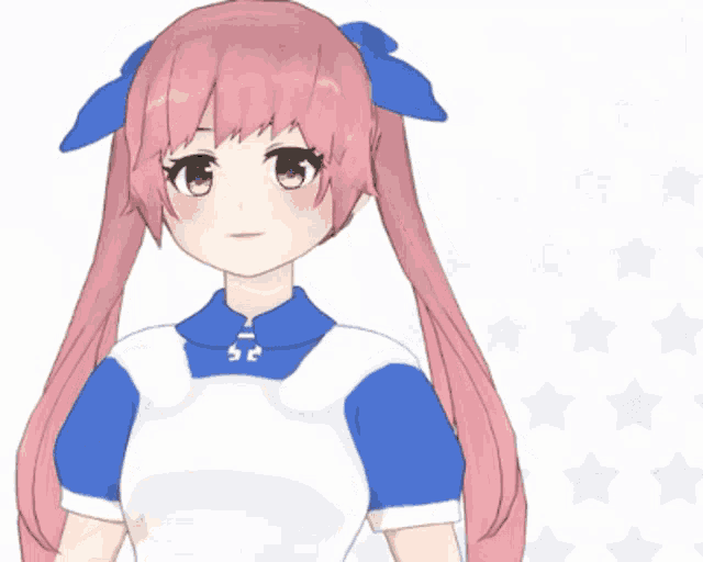 a girl with pink hair and a blue bow in her hair has a blue star in front of her