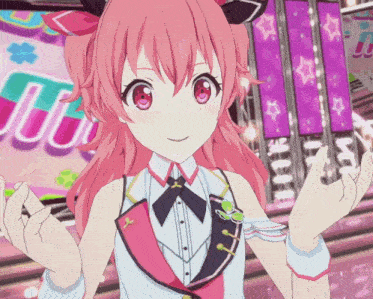a girl with pink hair and red eyes stands in front of a sign that says juul