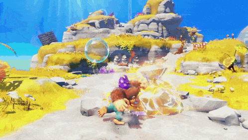 a video game scene with a monkey in a purple hat blowing bubbles