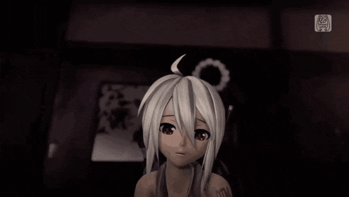 a video game character with white hair and a tattoo on her arm that says ' def '