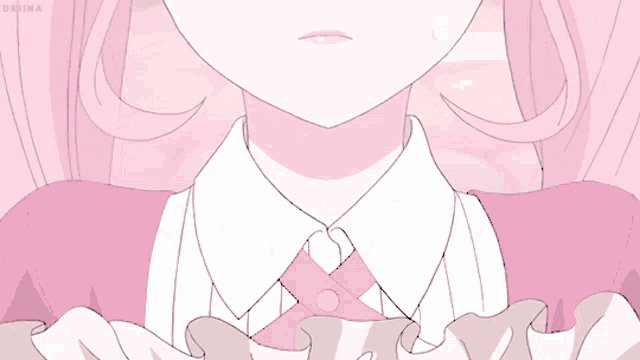 a drawing of a girl with pink hair and a white shirt with a pink bow