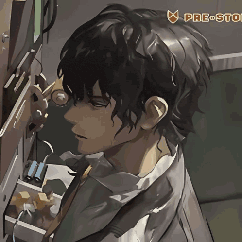 a drawing of a man looking through a microscope with the words pre-story written on the bottom