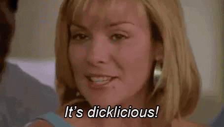 a close up of a woman 's face with the words `` it 's dicklicious ! ''