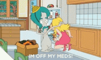 a cartoon character says im off my meds in front of a fridge
