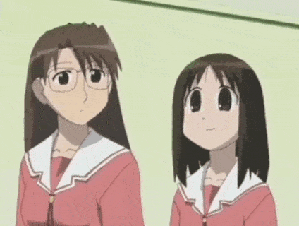 two anime girls are standing next to each other and one of them is saying " i bet she 's thinking about something weird again "