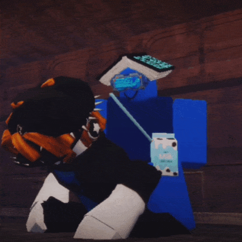 a cartoon character is kneeling down with a box on his head that says ' a ' on it