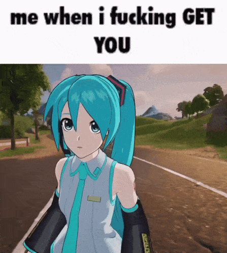 a picture of hatsune miku with the words me when i fucking get you