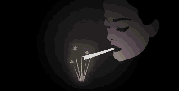 a woman is smoking a cigarette in the dark with a candle coming out of her mouth .