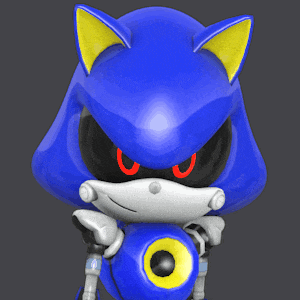 a blue robot with a yellow ear and a yellow eye