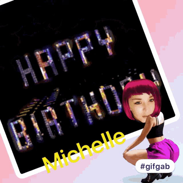 a girl with red hair is squatting in front of a sign that says " happy birthday michelle "
