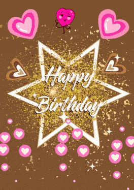a happy birthday greeting card with a star and hearts