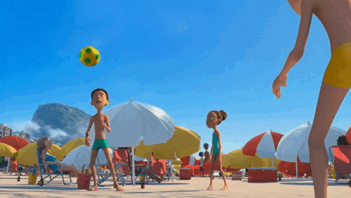 a cartoon character is playing with a beach ball on the beach