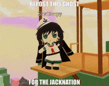 a cartoon of a girl standing on a table with the words repost this ghost for the jacknation