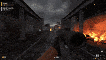 a person holding a sniper rifle in front of a burning building that says escape
