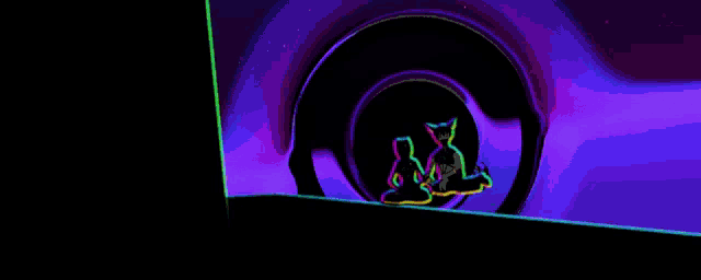 a neon drawing of two cats sitting in a wheel