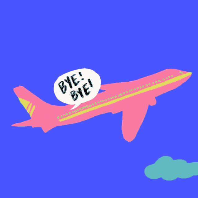 a pink airplane with a bye bye speech bubble