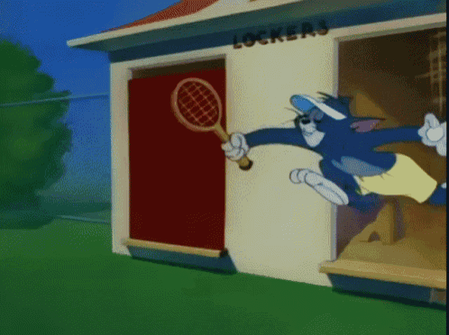 a cartoon character is holding a tennis racquet in front of a locker room