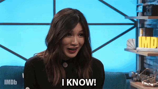 a woman sitting on a couch says i know in front of an imdb logo