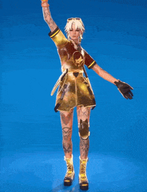 a woman in a gold dress is holding a sword