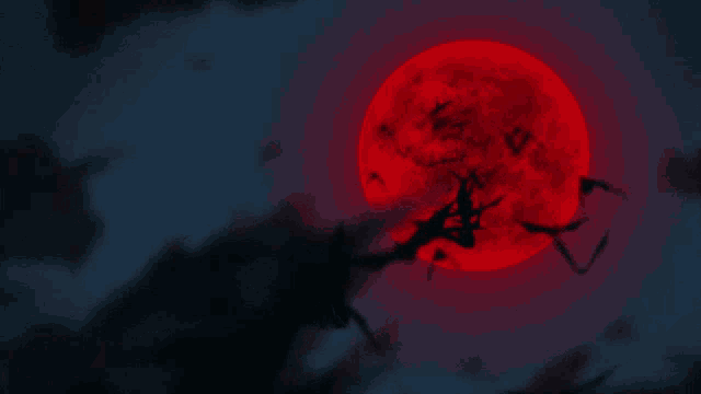 a painting of a full moon with bats flying in front of it