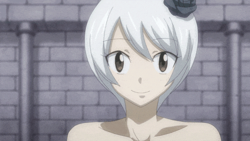 a naked anime girl with white hair and a flower in her hair