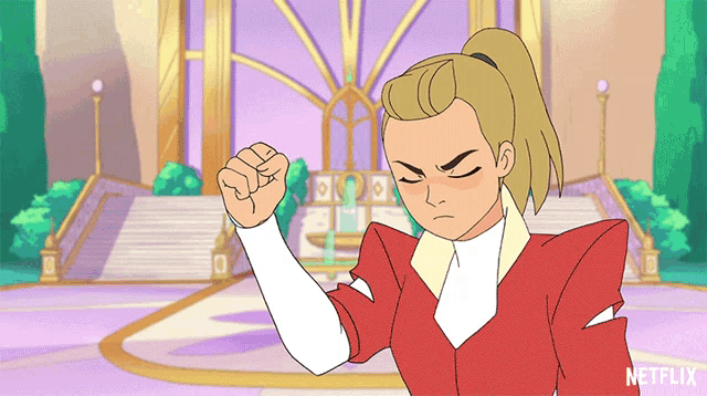 a cartoon of a girl with a fist in front of a building that says netflix on the bottom