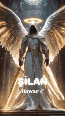 a painting of an angel holding a sword with the name silan hawar on the bottom