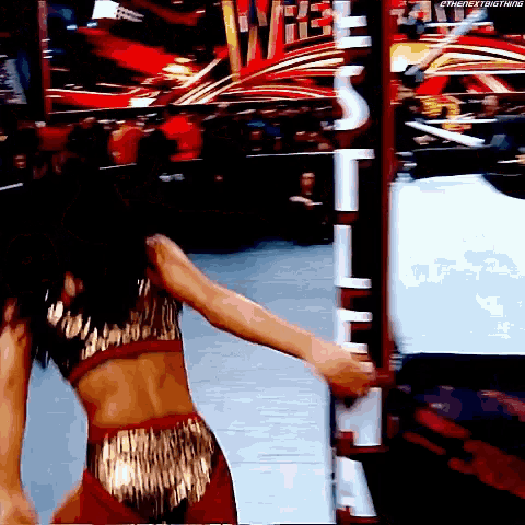 a woman in a gold and red outfit is standing in front of a sign that says ' smackdown ' on it .