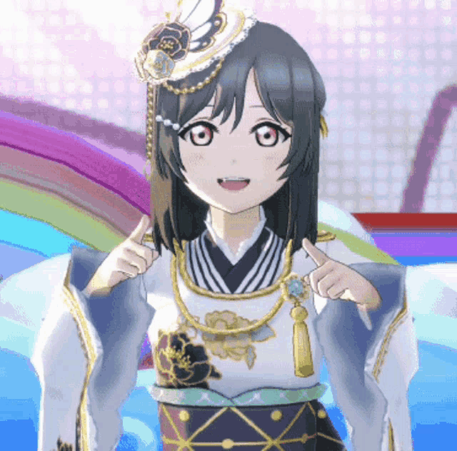a girl in a kimono is giving the thumbs up sign