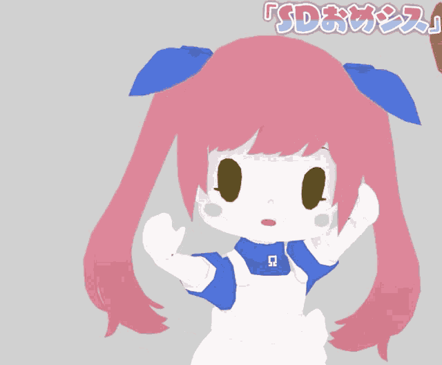a girl with pink hair and a blue bow in her hair has sd on the bottom right