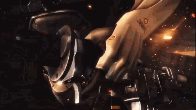 a close up of a person 's hand holding a metal object in a video game .