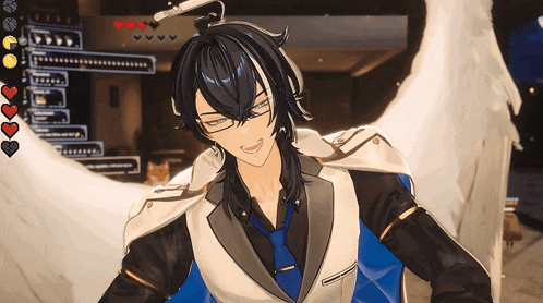 a man with long black hair and white wings is wearing glasses and smiling