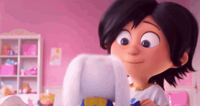a cartoon girl is holding a stuffed animal in a pink bedroom