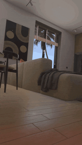 a living room with a couch and a chair and a red stripe on the floor