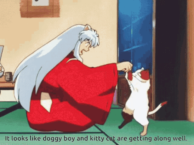 a cartoon of a man petting a cat with the words it looks like doggy boy and kitty cat are getting along