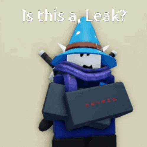 a cartoon character with a blue hat and scarf is holding a box that says ' is this a leak ? '