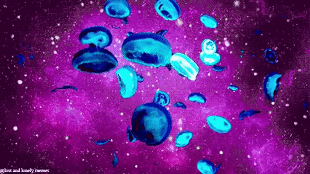 a bunch of jellyfish are floating in a purple galaxy .